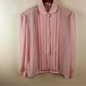 VTG 80s Sz. 8 Sheer Puff-Sleeve Pink Pleated Front Dainty Cottagecore Blouse